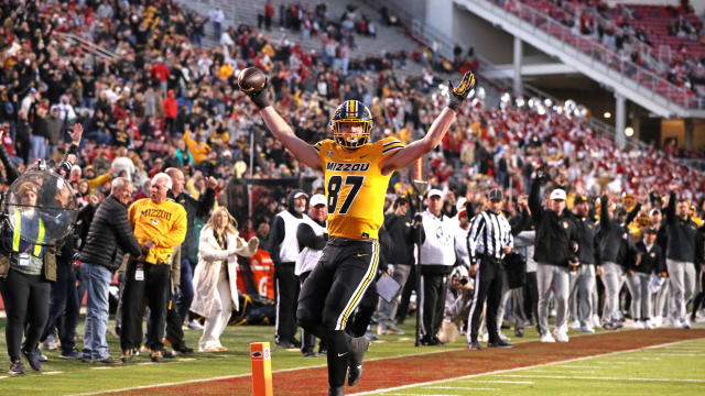 Nov 24, 2023; Fayetteville, Arkansas, USA; Missouri Tigers tight end Brett Norfleet (87) celebrates after scoring a touchdown in the third quarter against the Arkansas Razorbacks at Donald W. Reynolds Razorback Stadium. Missouri won 48-14. Mandatory Credit: Nelson Chenault-USA TODAY Sports